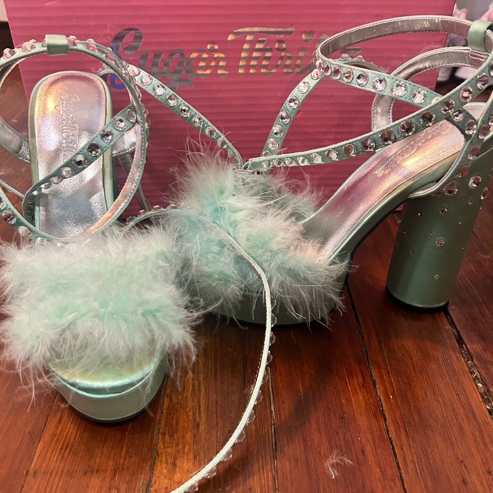 Sugar Thrillz Mint Strappy Heels with Fluffy Accent